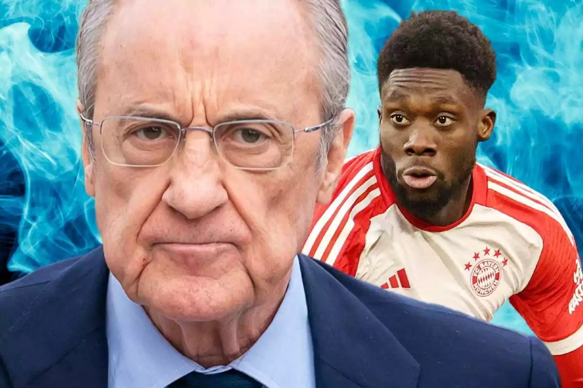 Florentino Pérez con cara de enfado junto a Alphonso Davies en segundo plano y un humo de color azul