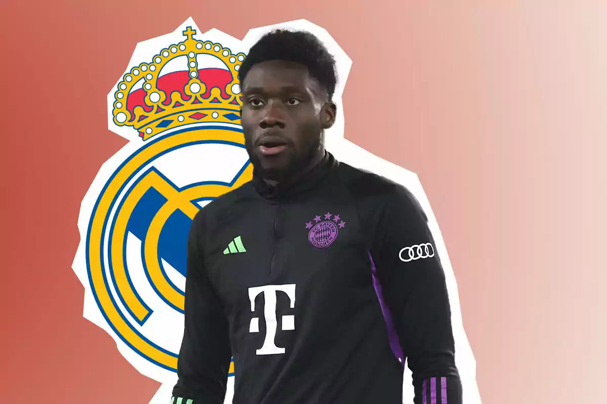 Davies con el escudo del Real Madrid detrás