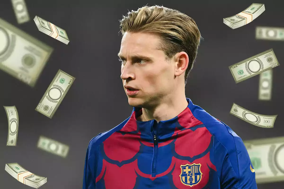 Frenkie de Jong con el uniforme del FC Barcelona aparece en la imagen, rodeado de billetes de dinero flotando en el aire.