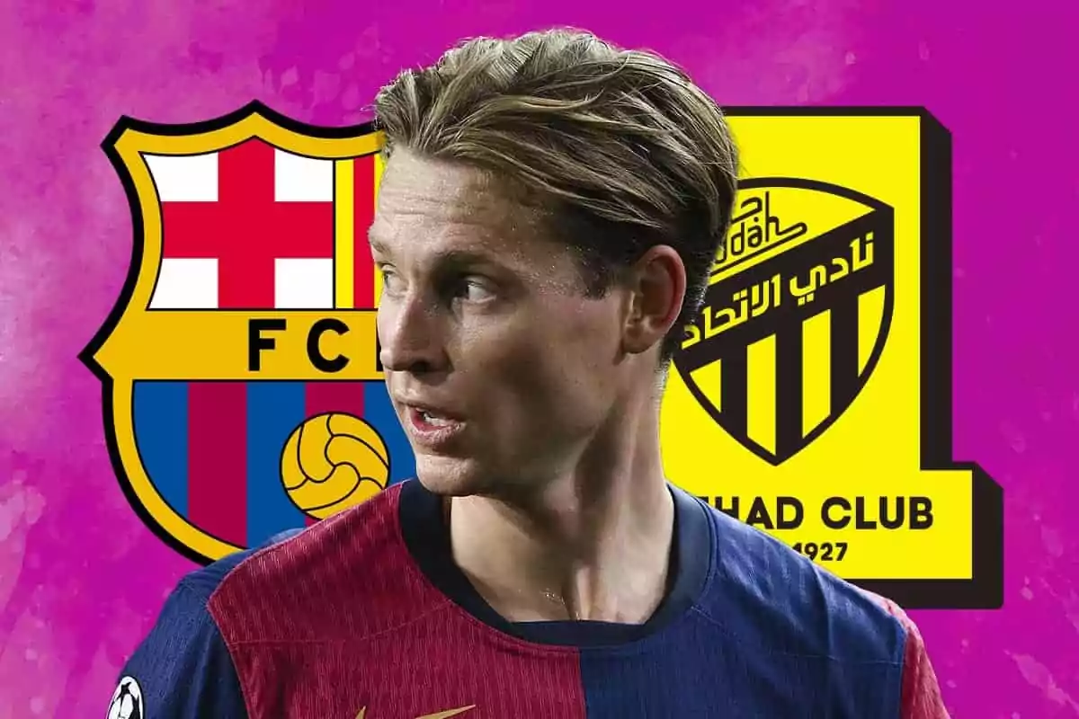 A player wearing the Barcelona uniform appears in the foreground with the FC Barcelona and Al Ittihad Club crests in the background against a pink backdrop.