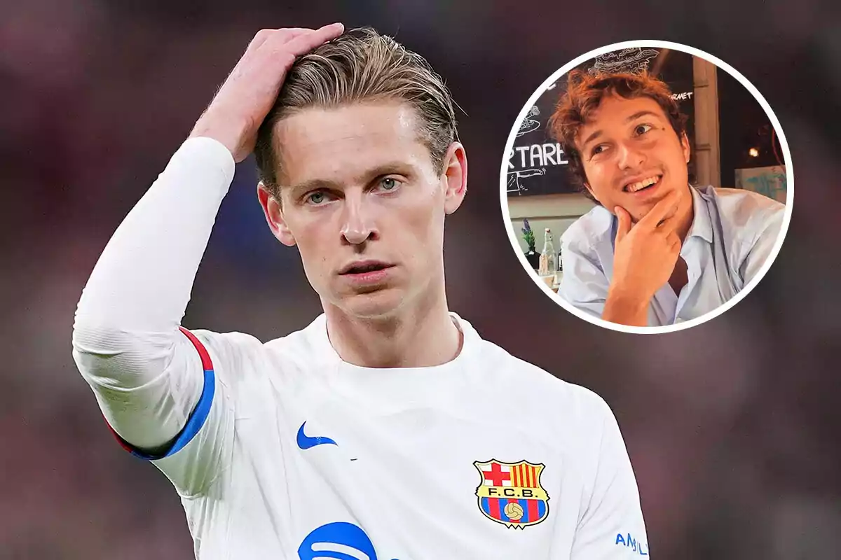 De Jong con la camiseta del FC Barcelona se toca la cabeza mientras que en un recuadro se muestra a Matteo Moretto sonriendo y tocándose la barbilla.