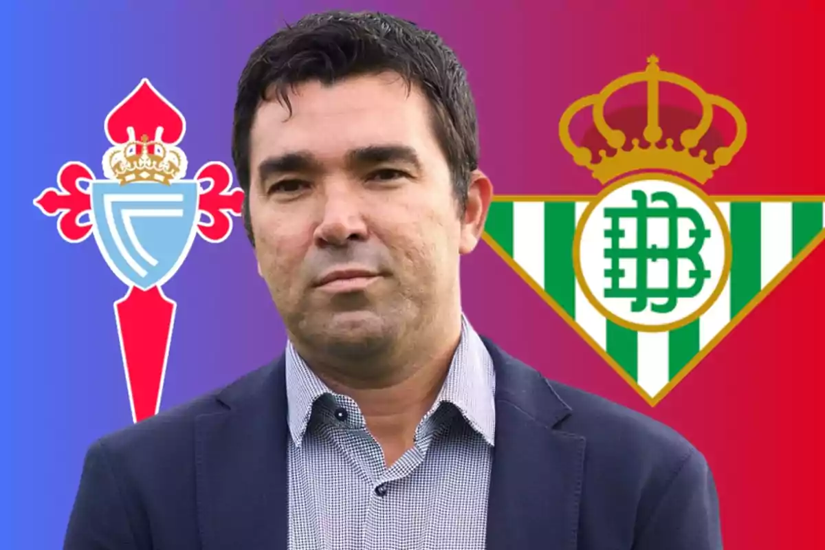 Un hombre con traje frente a los escudos del Celta de Vigo y el Real Betis.