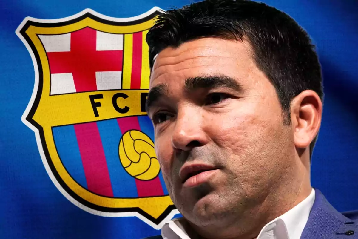 A man with a serious expression in front of the FC Barcelona crest.