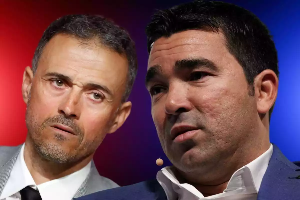 Deco mira a un costado pensativo con Luis Enrique haciendo lo mismo sobre un fondo azul y rojo