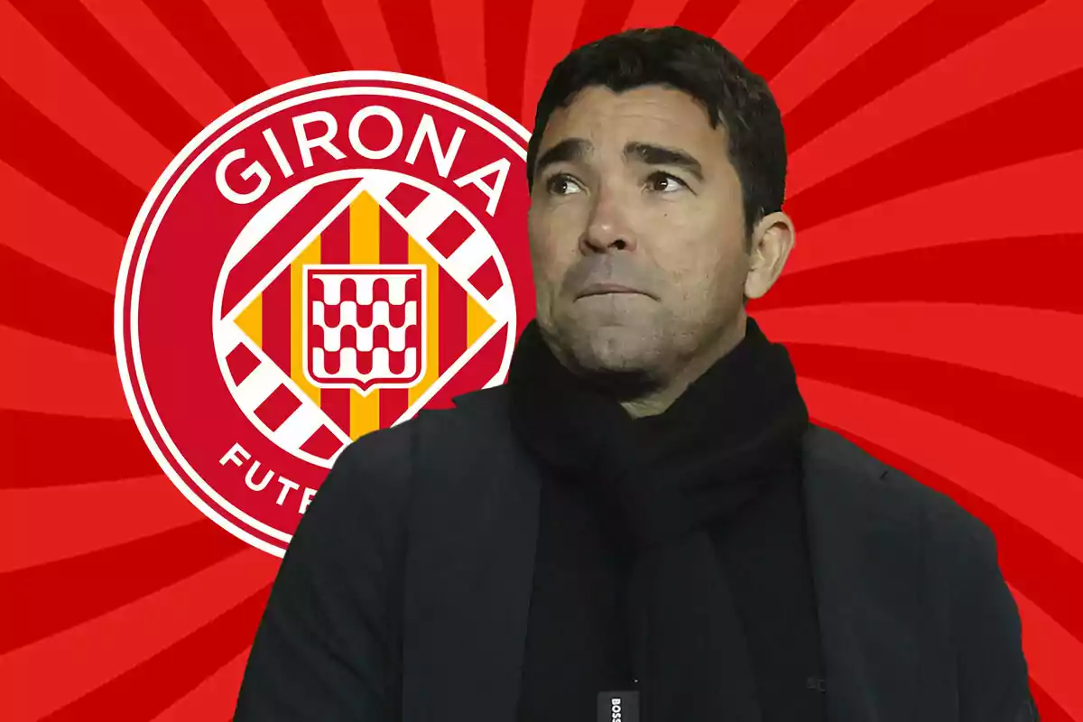 Deco con bufanda negra frente al logo del Girona FC con fondo rojo.