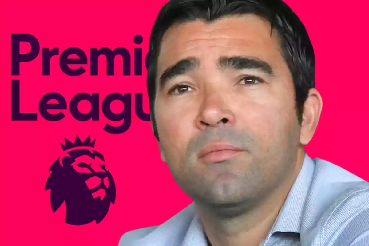 Hombre con fondo rosa y el logo de la Premier League.