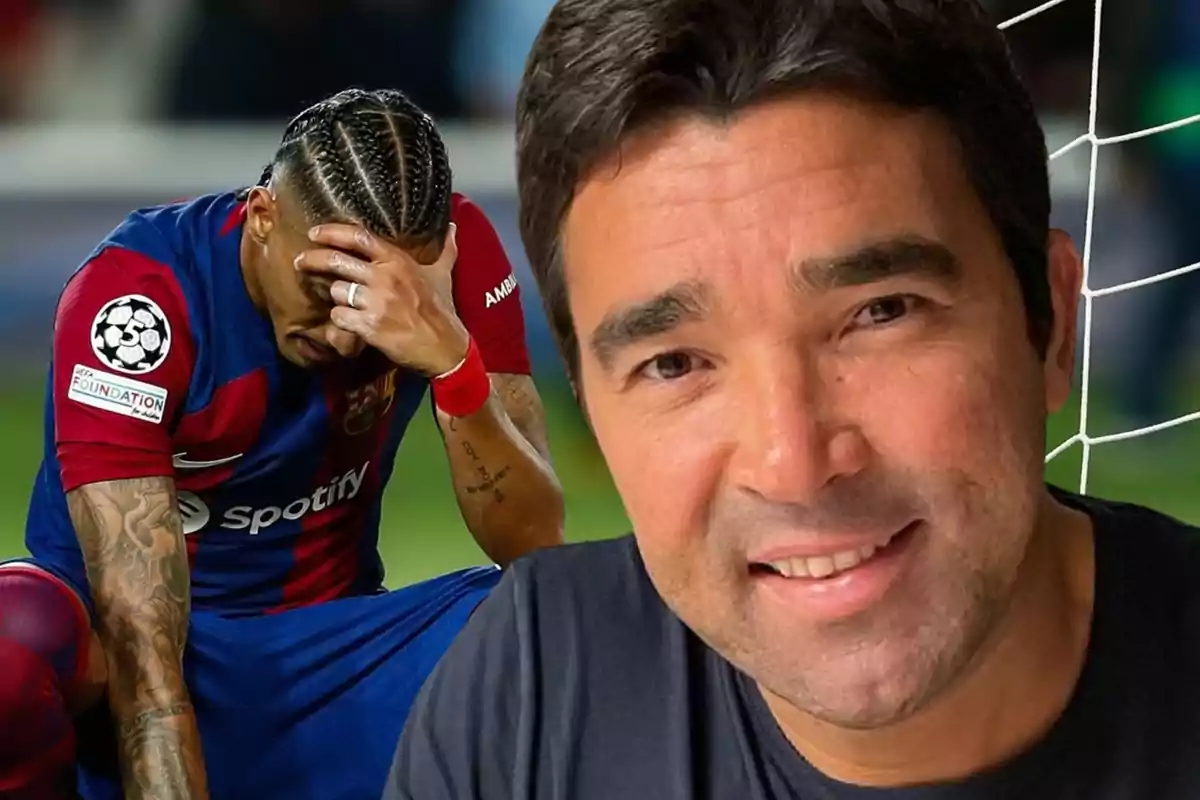 A soccer player wearing an FC Barcelona shirt covers his face with his hand while another man smiles in front of the camera.