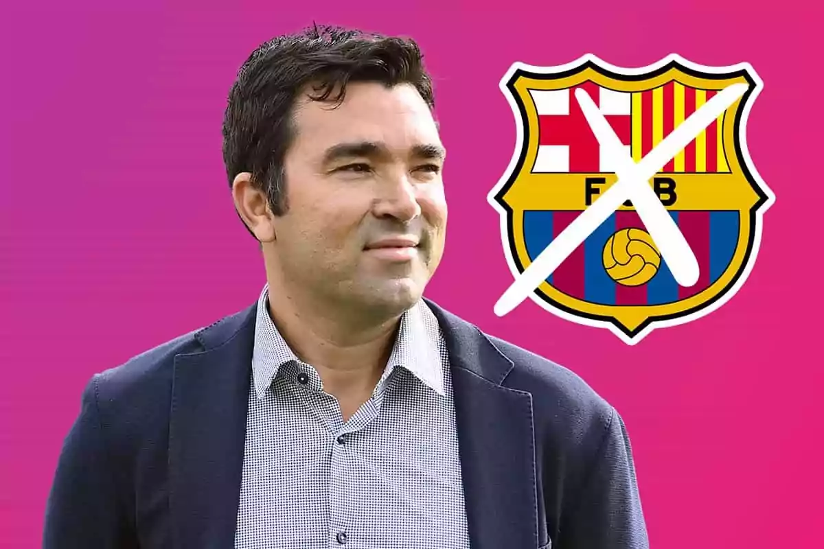 Deco con camisa y chaqueta oscura frente a un fondo rosa con el escudo del FC Barcelona tachado.