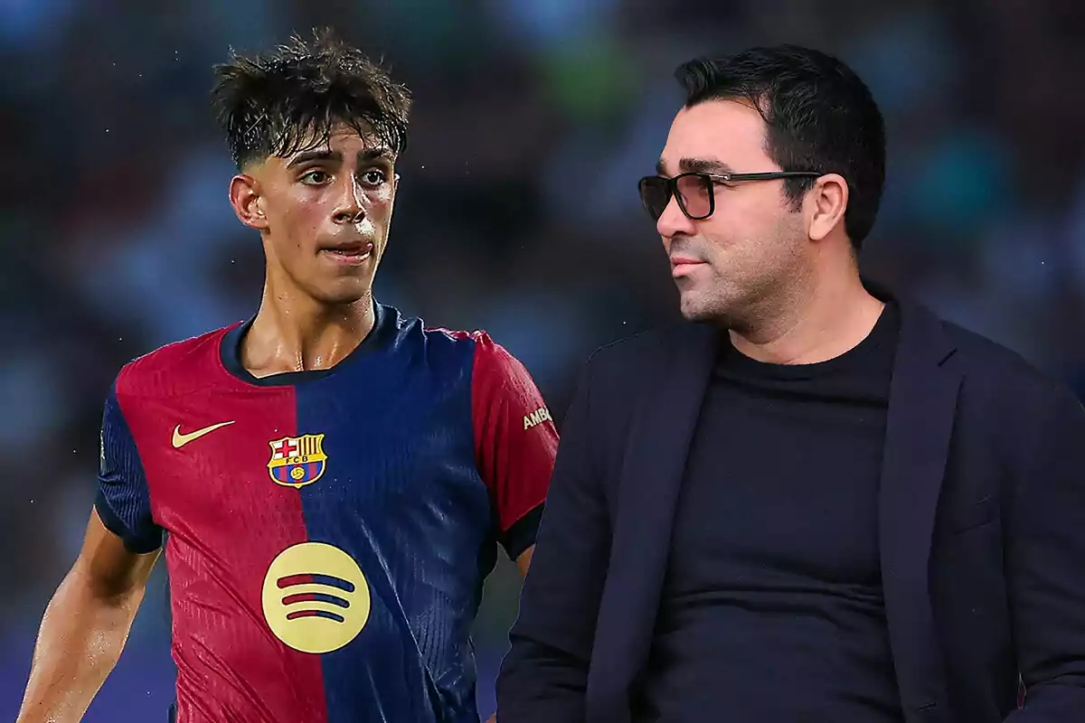 Marc Bernal con la camiseta del FC Barcelona junto a Deco, con gafas de sol y traje oscuro.