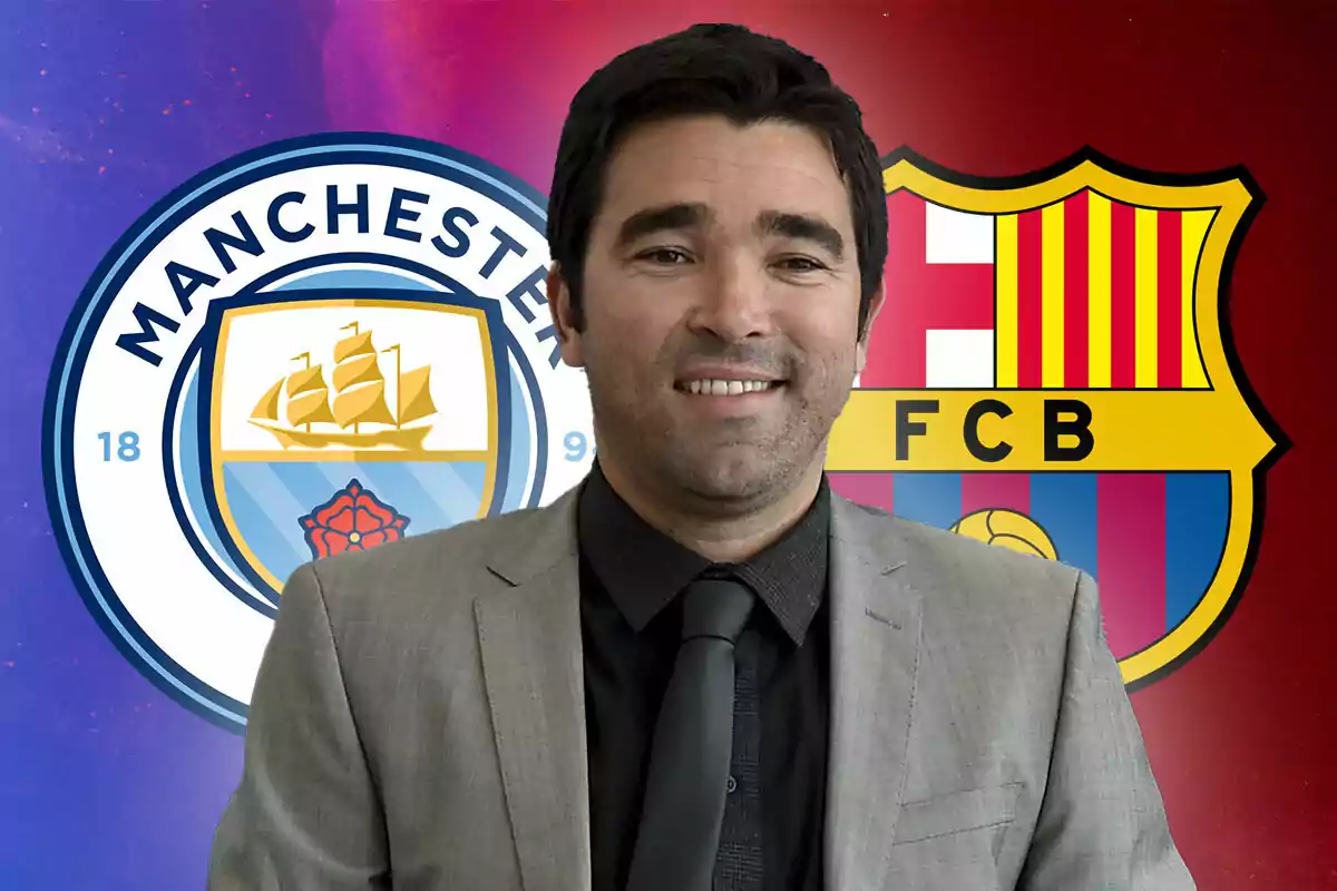A man in a suit in front of the Manchester City and FC Barcelona logos.