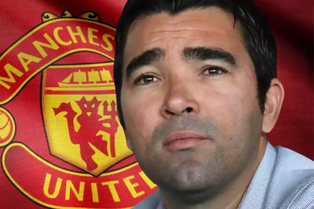 Deco in the foreground thinking with a Manchester United flag in the background