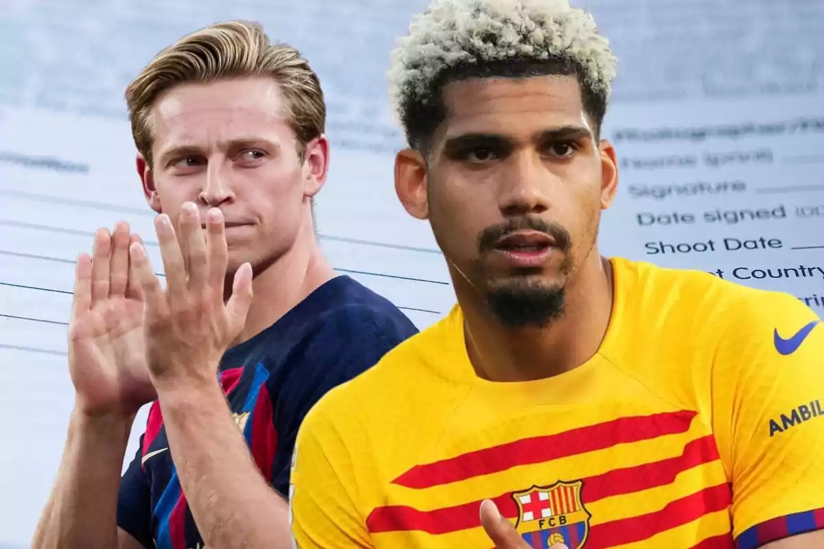 Dos jugadores de fútbol con uniformes del FC Barcelona, uno aplaudiendo y el otro mirando al frente, con un fondo de formulario desenfocado.