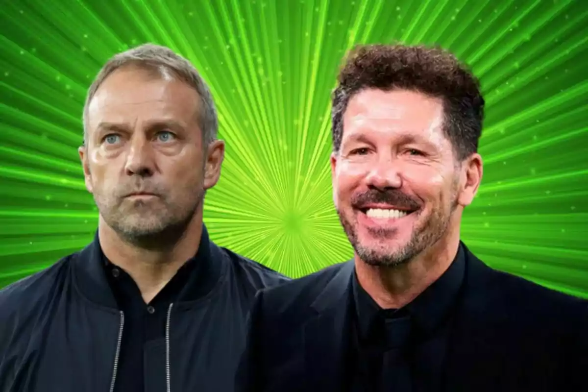 Two men with different expressions in front of a bright green background.