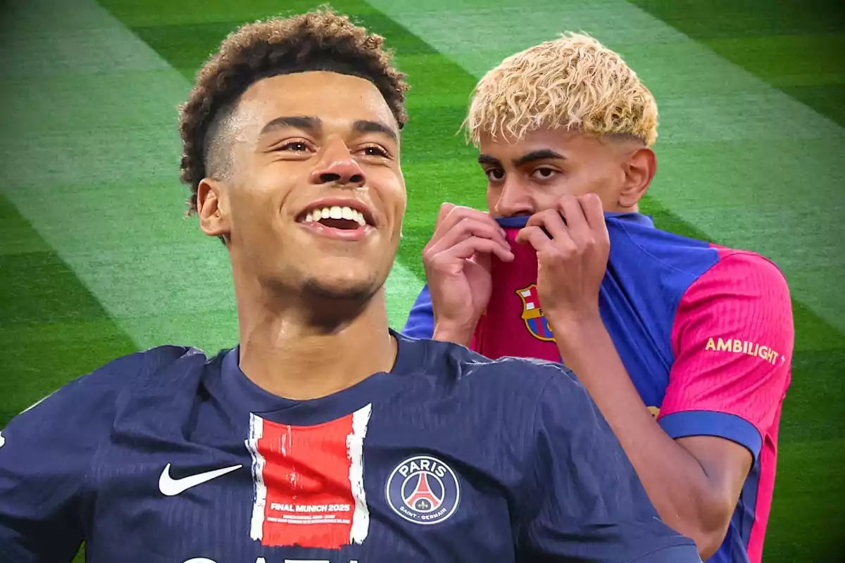 Two young players in PSG and Barcelona uniforms on a soccer field, one smiling and the other covering his mouth with his jersey.