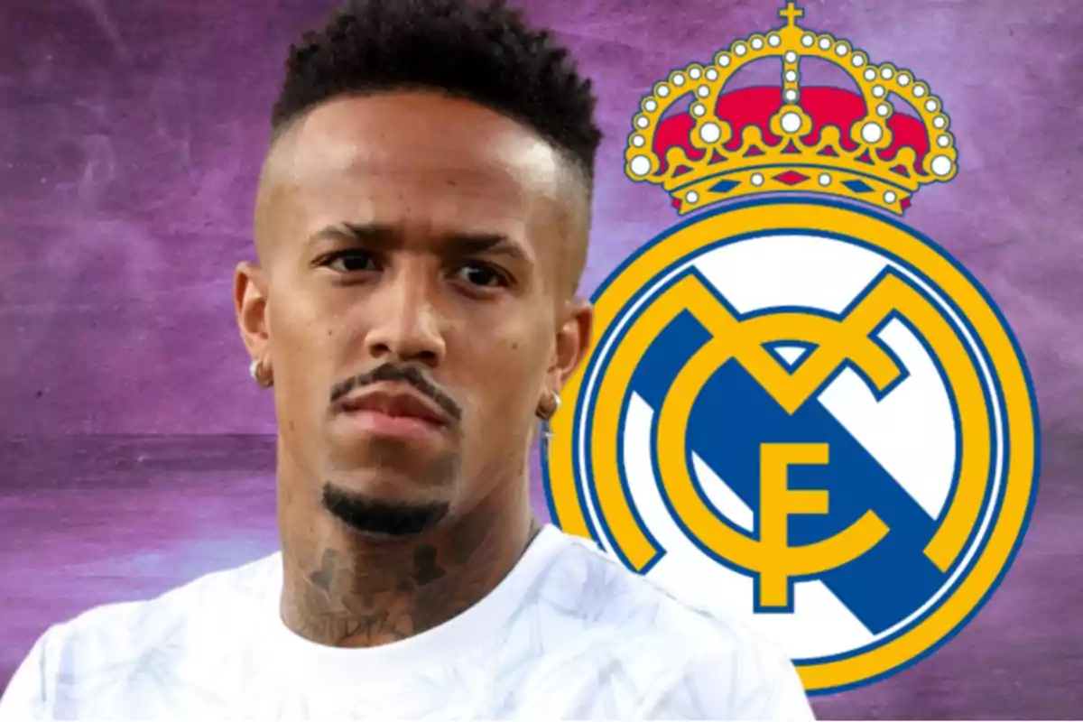 Futbolista con camiseta blanca posando frente al escudo del Real Madrid sobre un fondo morado