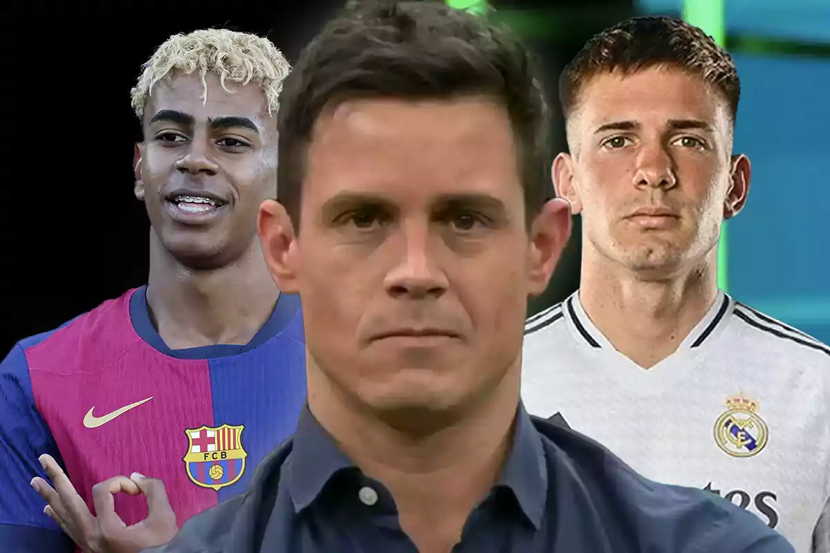 Tres personas en primer plano, una con camiseta del Barcelona, otra con camiseta del Real Madrid y una más al centro con expresión seria