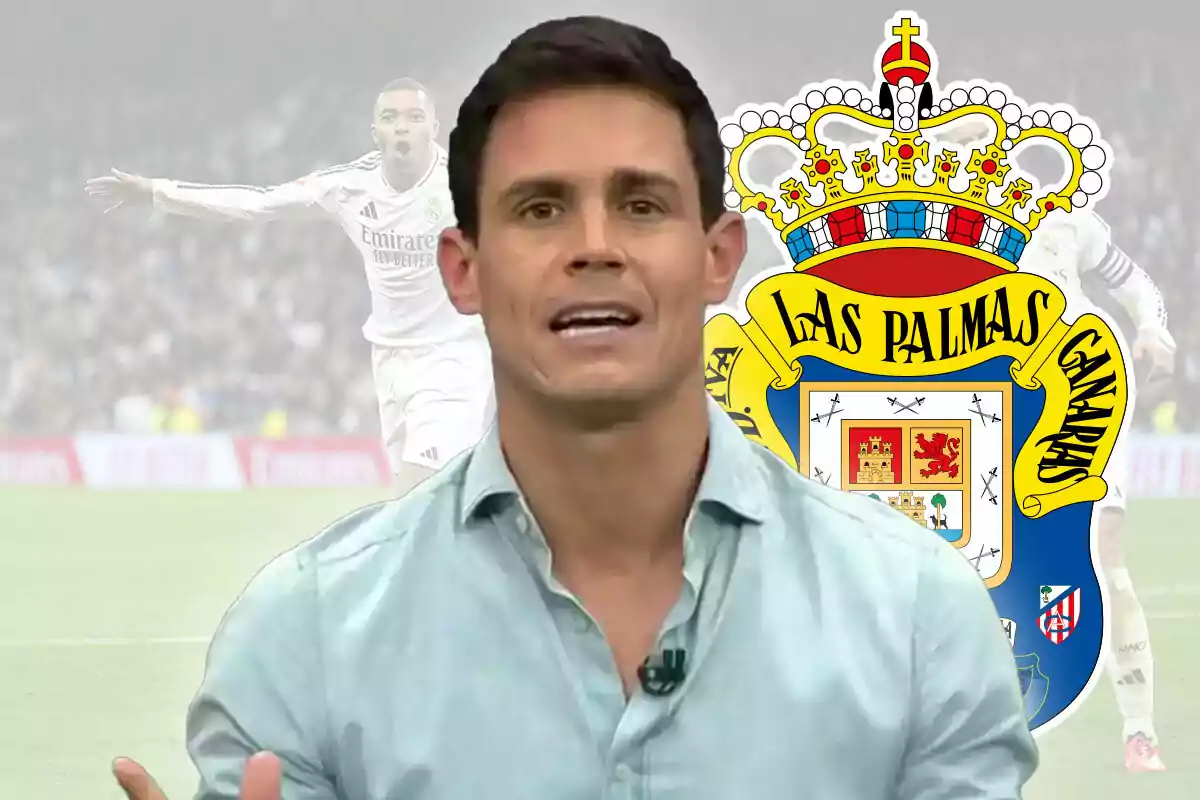 A man in a light blue jersey in front of a Las Palmas crest and a soccer player in the background.