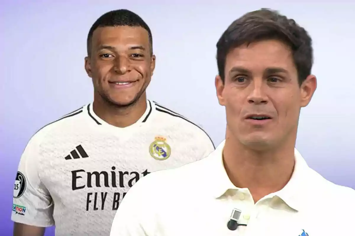 Mbappé y Edu Aguirre, uno con una camiseta del Real Madrid y otro con una camisa blanca, posan frente a un fondo de color claro.