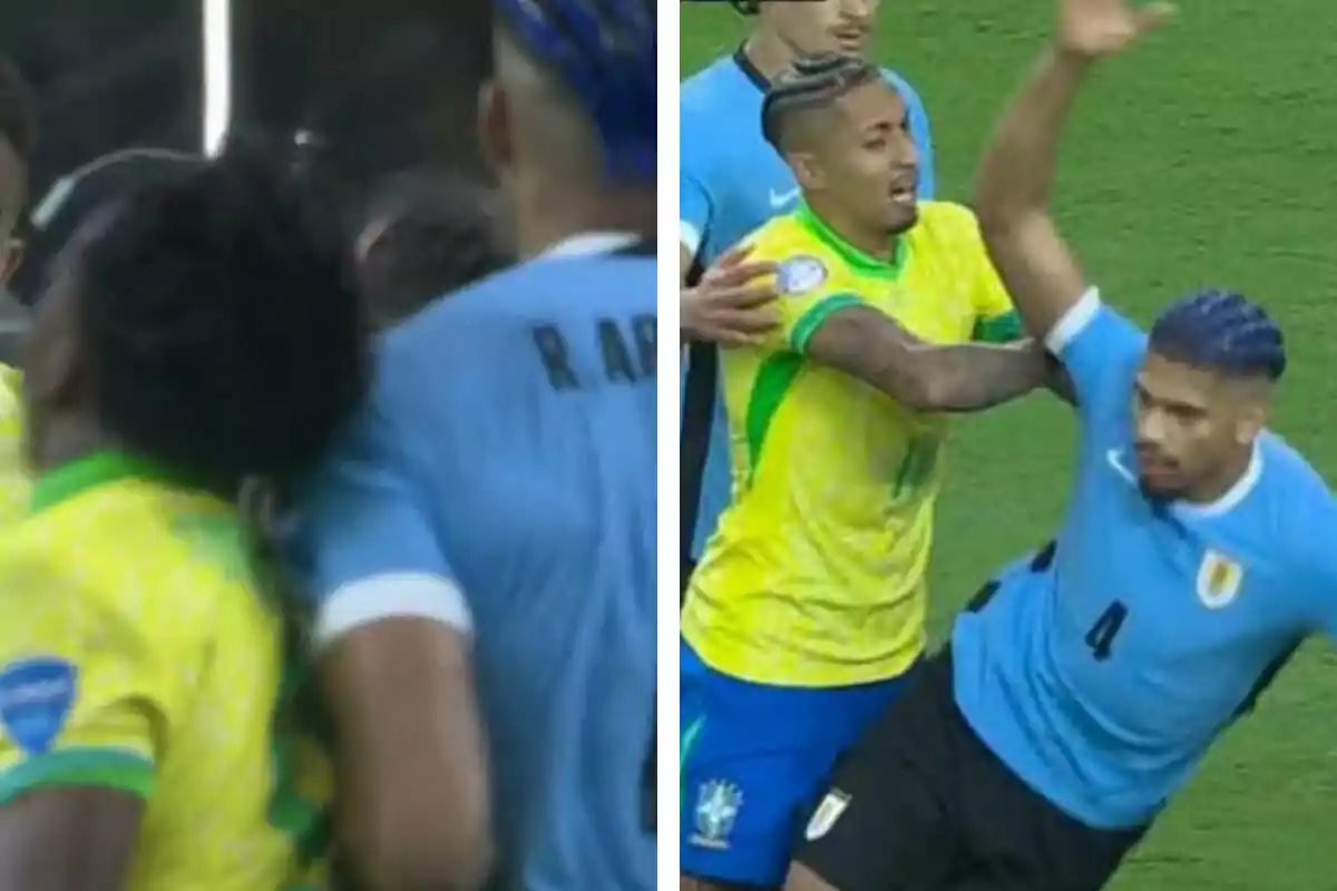 Ronald Araujo y Raphinha en un altercado durante el partido entre Uruguay y Brasil de la Copa América.