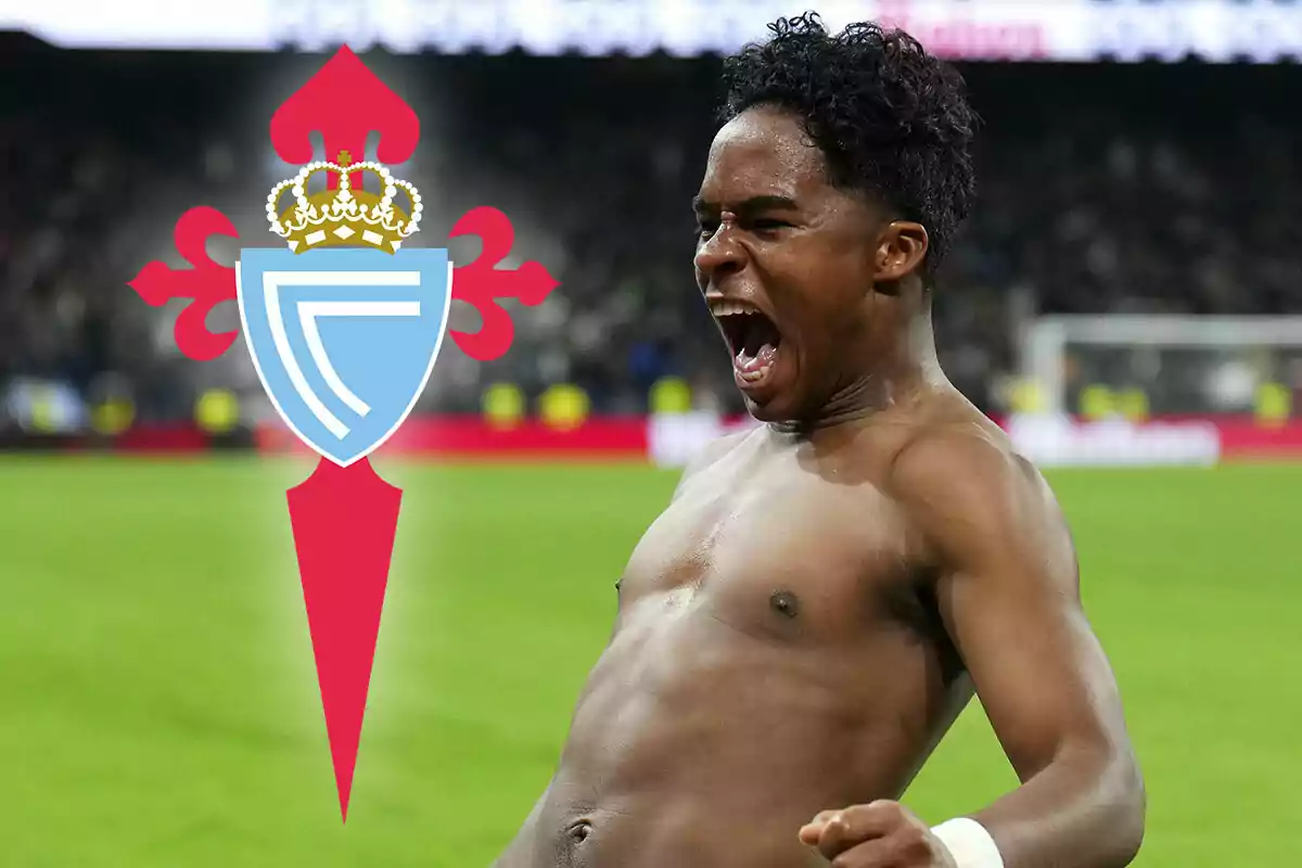 A soccer player celebrating with the Celta de Vigo logo next to him.