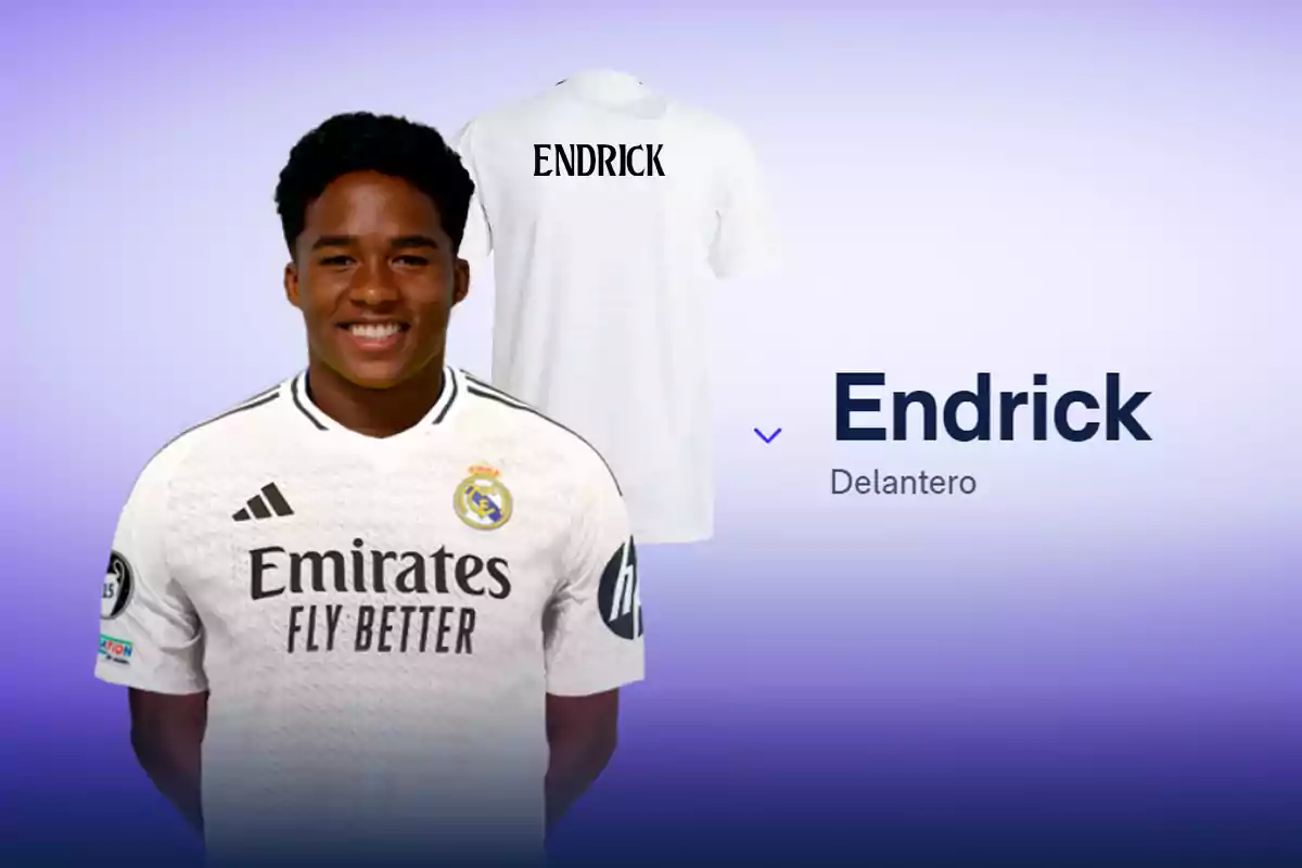 Endrick con la camiseta del Real Madrid, con su nombre "Endrick" en la parte posterior de la camiseta y la palabra "Delantero" a su lado.