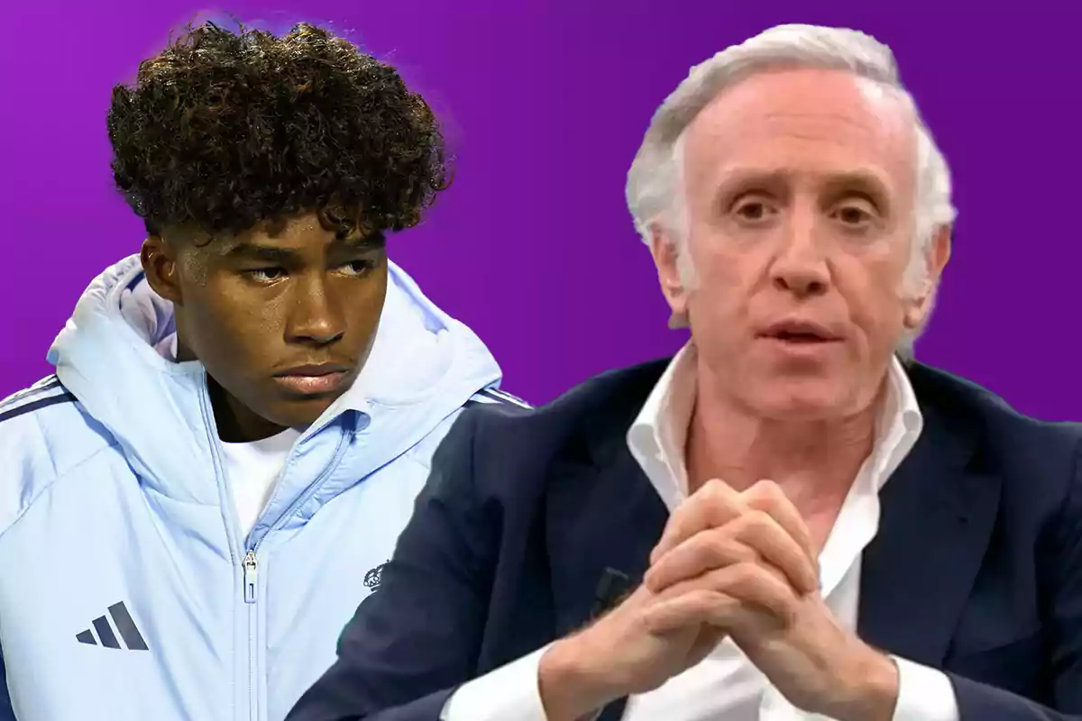 Two people in the foreground, Endrick in a sports jacket and Eduardo Inda in a suit, against a purple background.