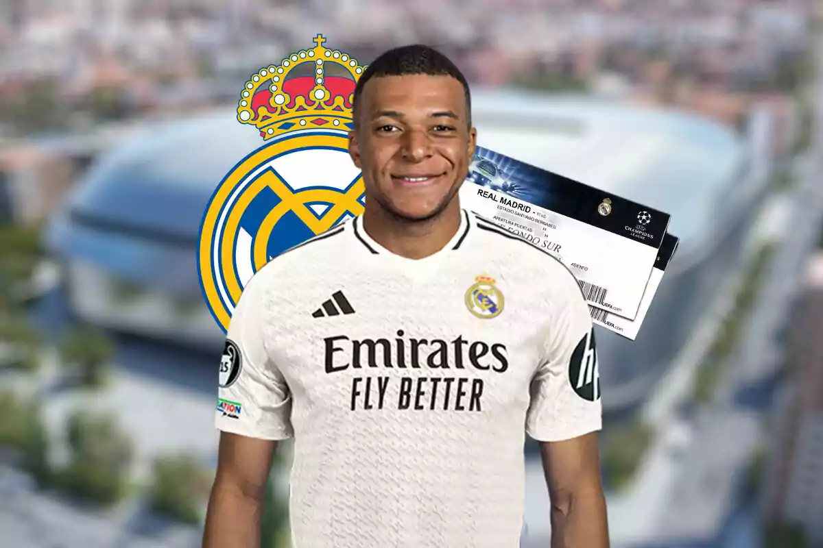 Kylian Mbappé con la camiseta del Real Madrid, con el logo del club y un boleto de entrada al estadio en el fondo.