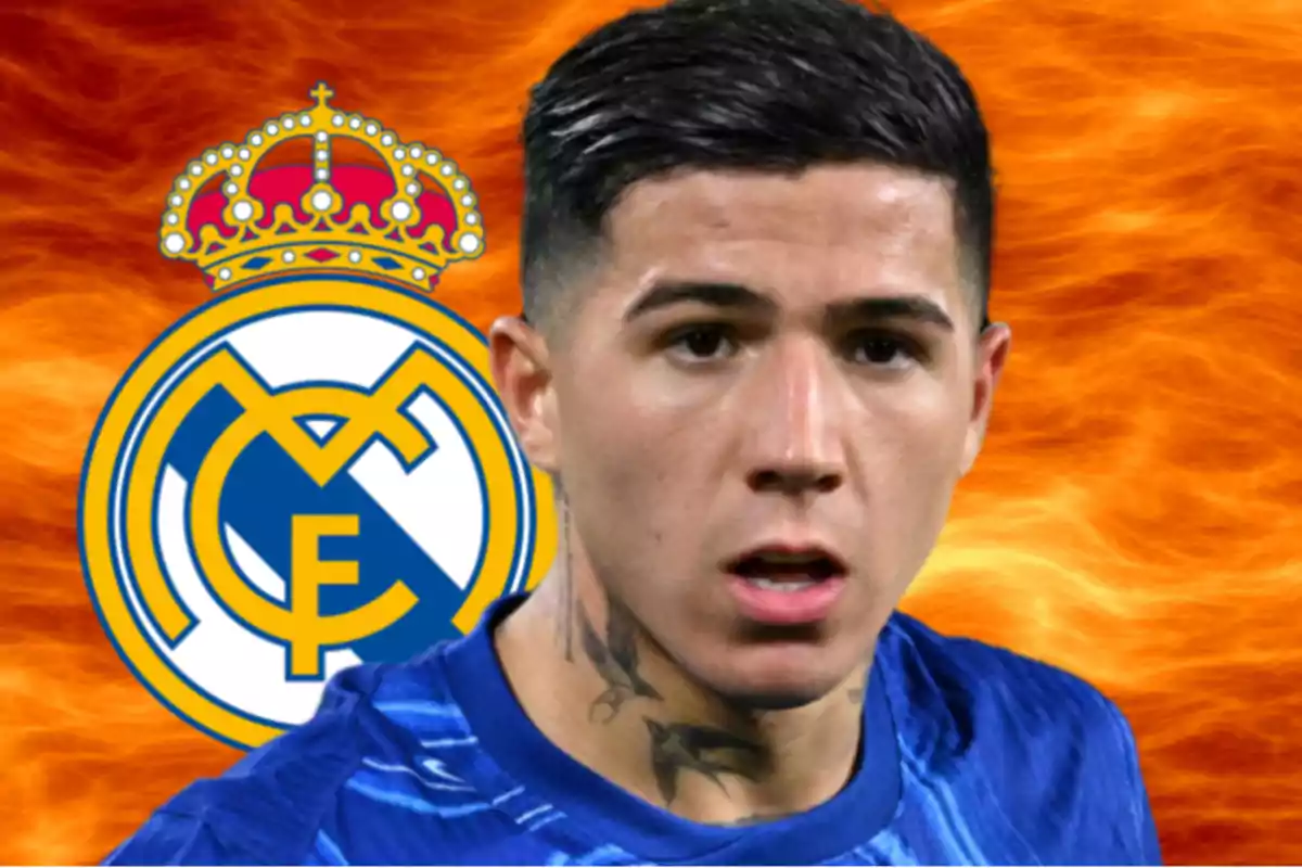 A player in a blue jersey in front of a background of flames and the Real Madrid crest.