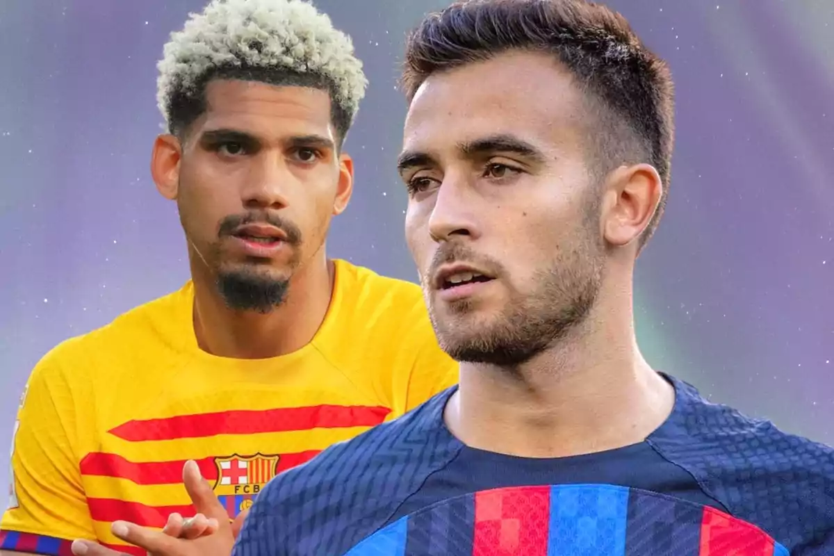 Dos jugadores de fútbol con camisetas del FC Barcelona en un fondo difuminado.