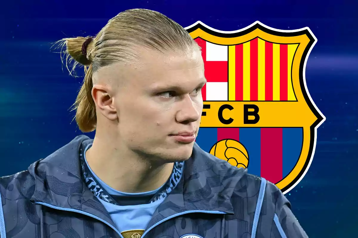 Erling Haaland with his hair tied back looks to the side with the FC Barcelona crest in the background.