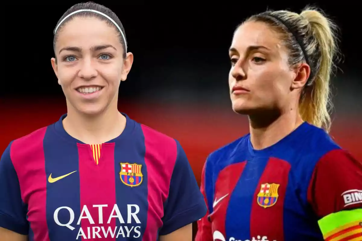 Dos jugadoras de fútbol con el uniforme del FC Barcelona.