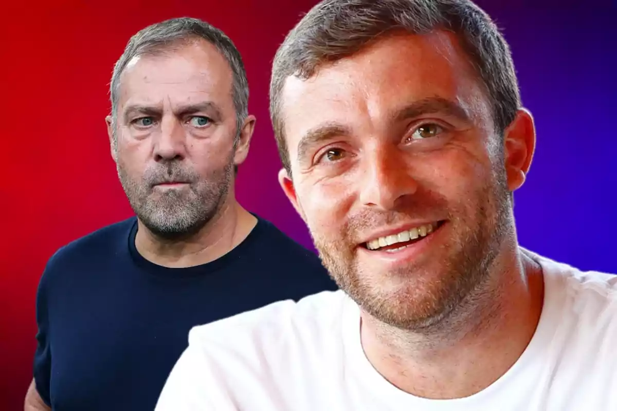 Two bearded men, one in the front smiling and another in the background with a serious expression, against a gradient background from red to blue.