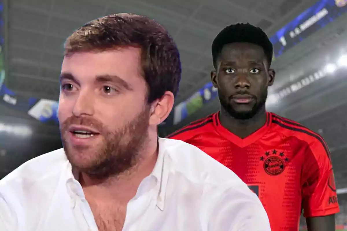 Two men in a stadium, one in a white jersey and the other in a red soccer jersey.