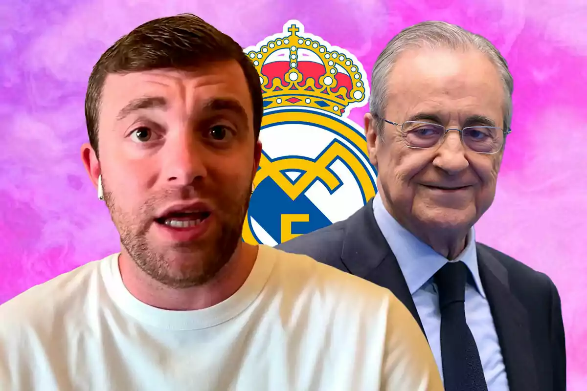 Fabrizio Romano y Florentino Pérez posan frente a un fondo morado con el escudo del Real Madrid.