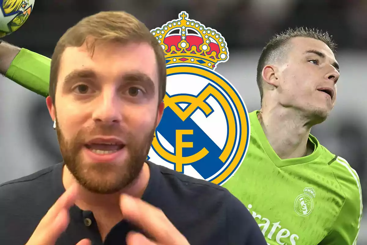 Fabrizio Romano hablando frente a la cámara con Lunin y el escudo del Real Madrid de fondo.