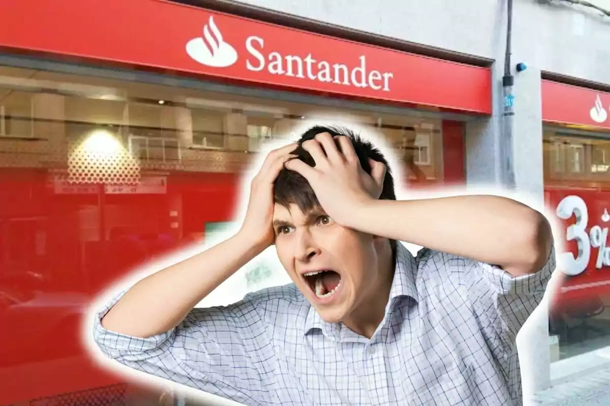 Hombre con expresión de frustración frente a una sucursal del banco Santander.