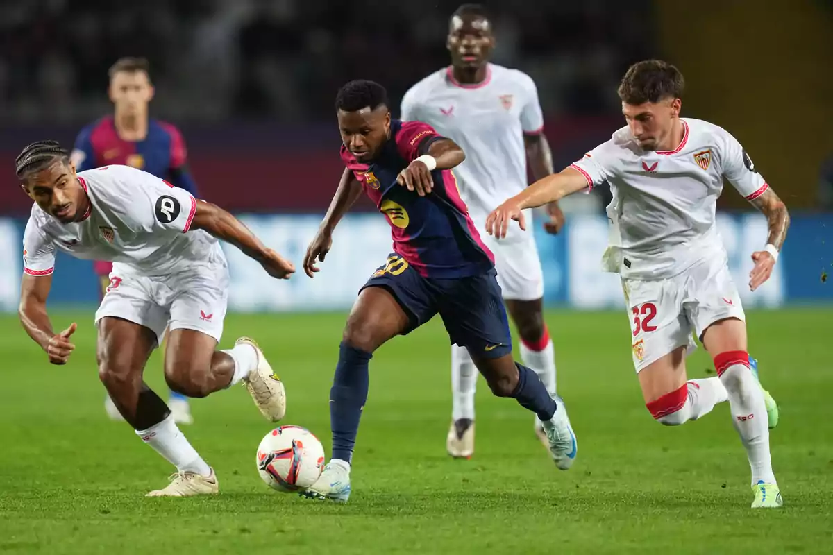 Soccer players compete for the ball in a match.