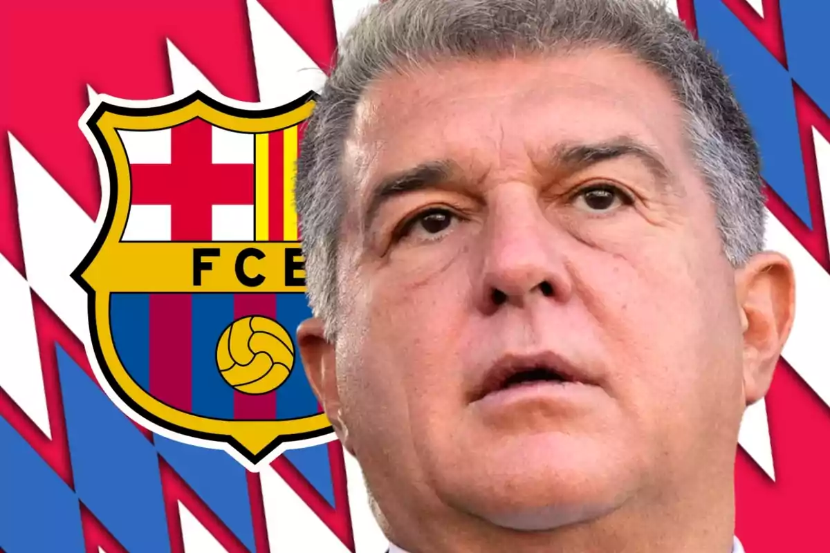 Man in front of the FC Barcelona crest with a red and blue background.