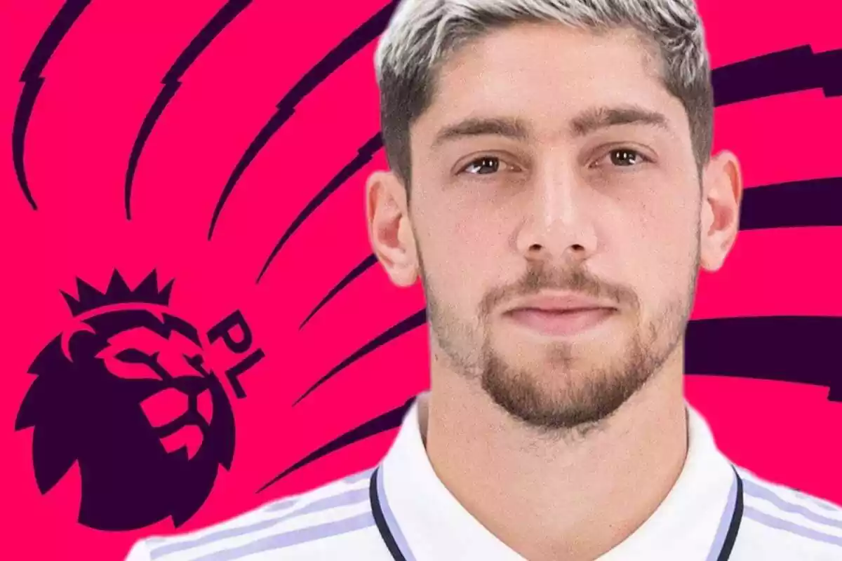 Fede Valverde in close-up with a serious face on a red background with black stripes and the Premier League logo