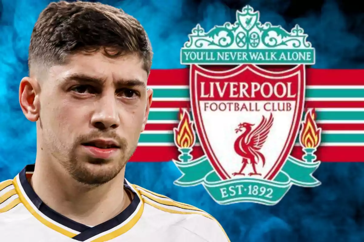 A soccer player in a white jersey appears in front of the Liverpool FC crest on a blue background.