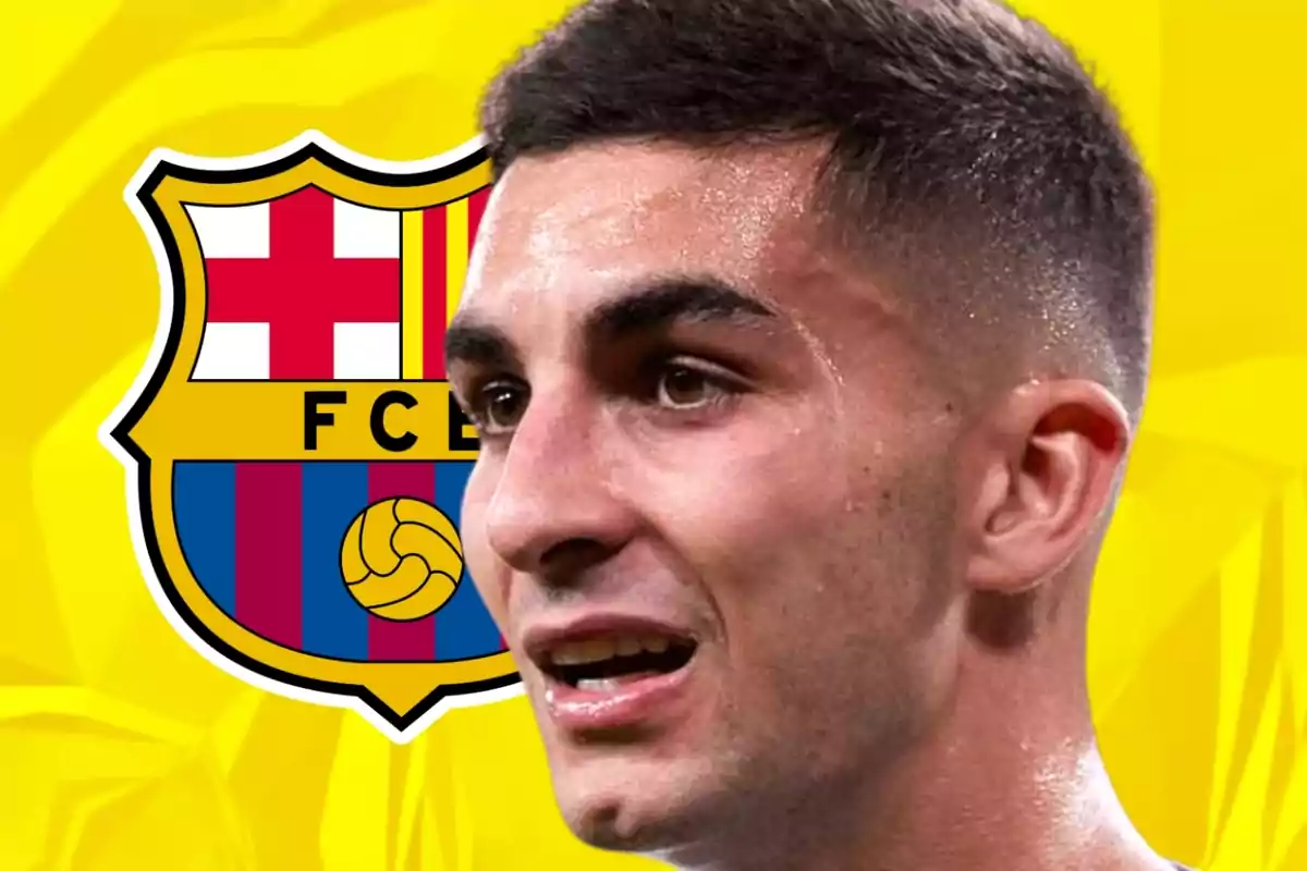 Football player with the FC Barcelona crest in the background on a yellow background. Football player with the FC Barcelona crest in the background on a yellow background.