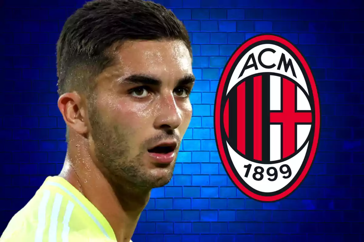 A player in a yellow jersey appears next to the AC Milan crest on a blue background.