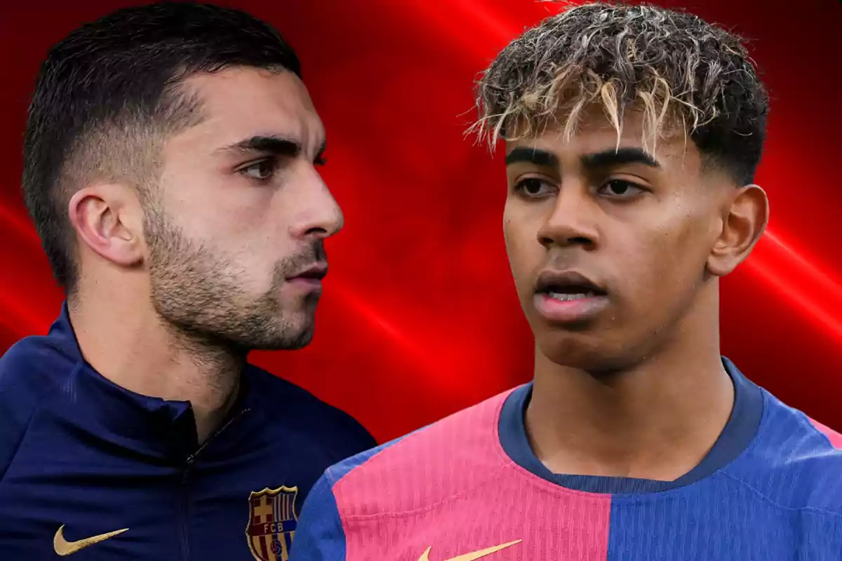 Two players from FC Barcelona, one in a blue uniform and the other in a blue and red uniform, against a red background.