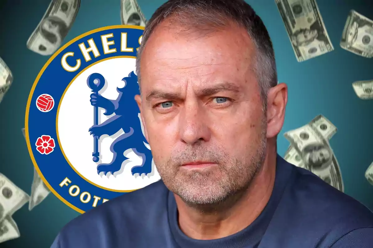 Serious-looking man in front of the Chelsea crest with money in the background