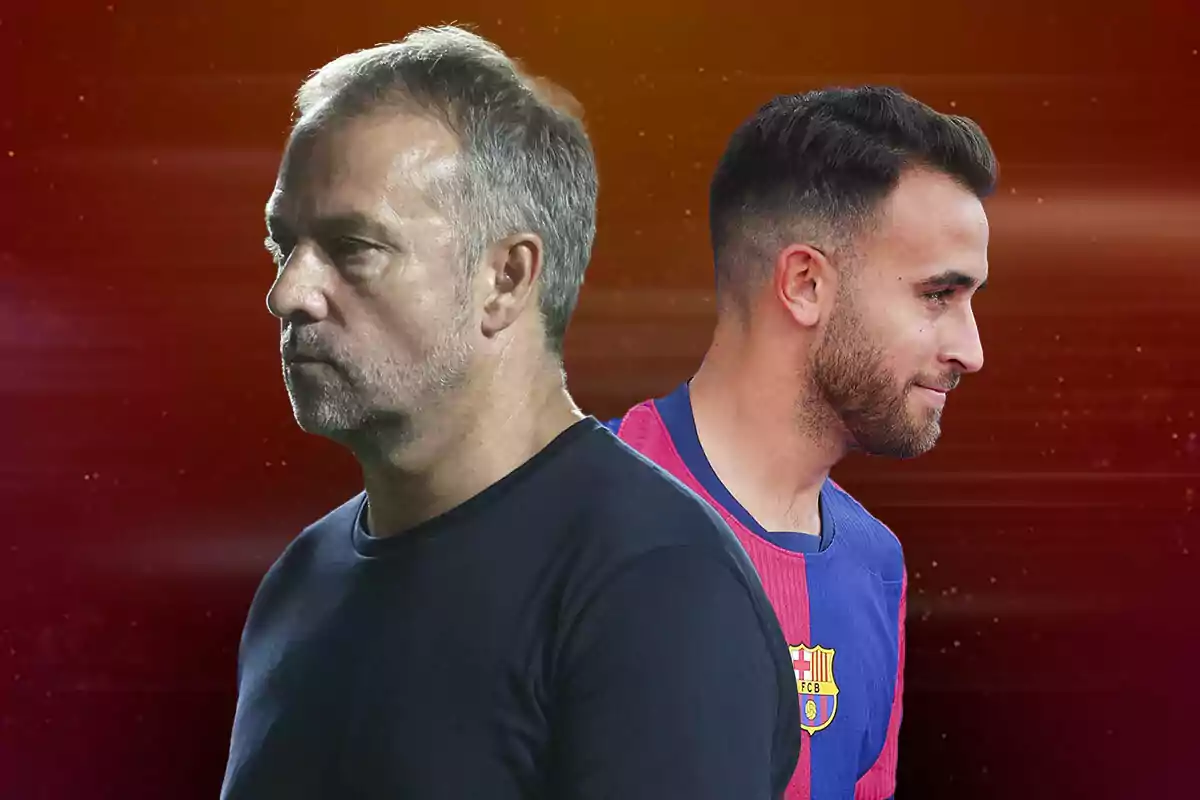 Dos hombres de perfil, Flick con camiseta oscura y Eric García con camiseta del FC Barcelona, sobre un fondo degradado en tonos rojos y naranjas.