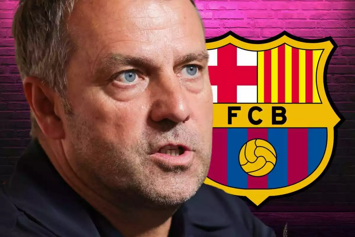 Hansi Flick in the foreground looking up with an FC Barcelona shield and a pink wall