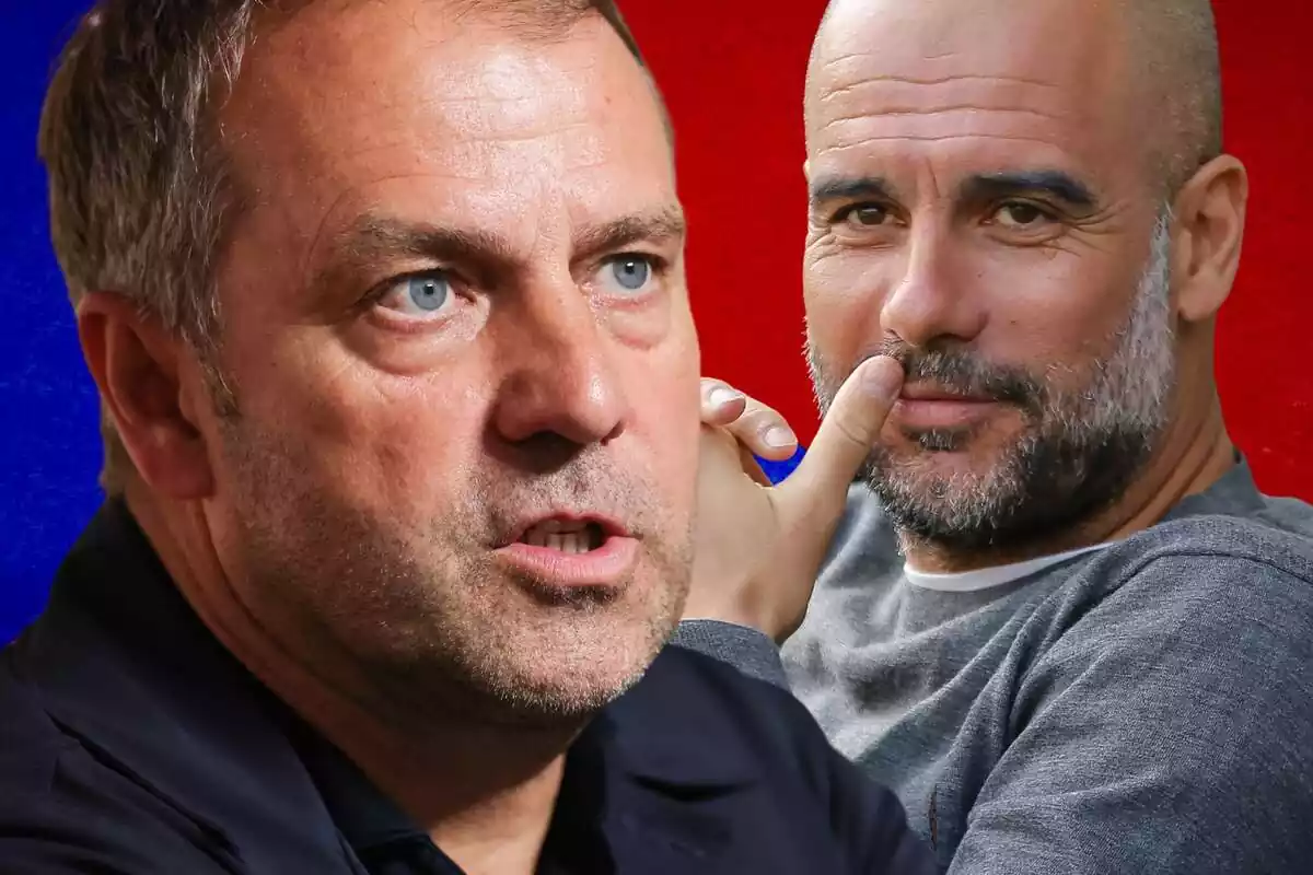 Hansi Flick in the foreground with Pep Guardiola at his side with his hands over his mouth