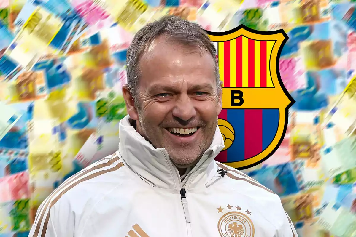 Flick sonríe, detrás suyo tiene dinero y el escudo del Barça