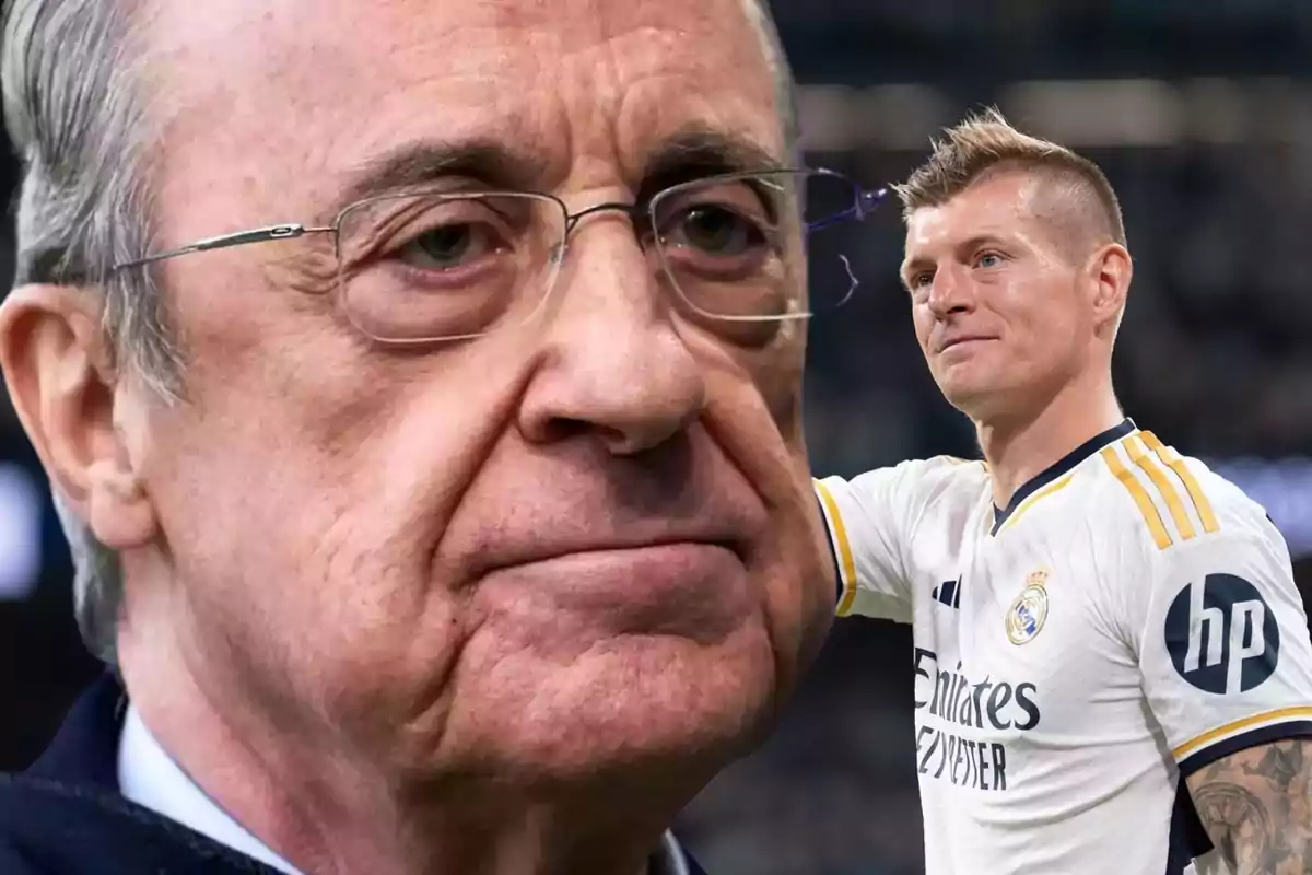 Close-up of an elderly man with glasses and a football player in a white Real Madrid uniform.