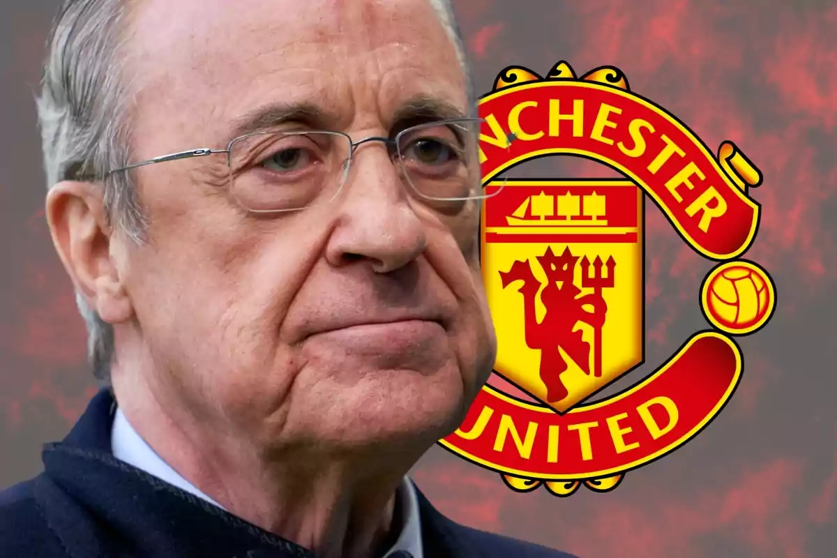 An older man with glasses and a serious expression in front of the Manchester United logo.